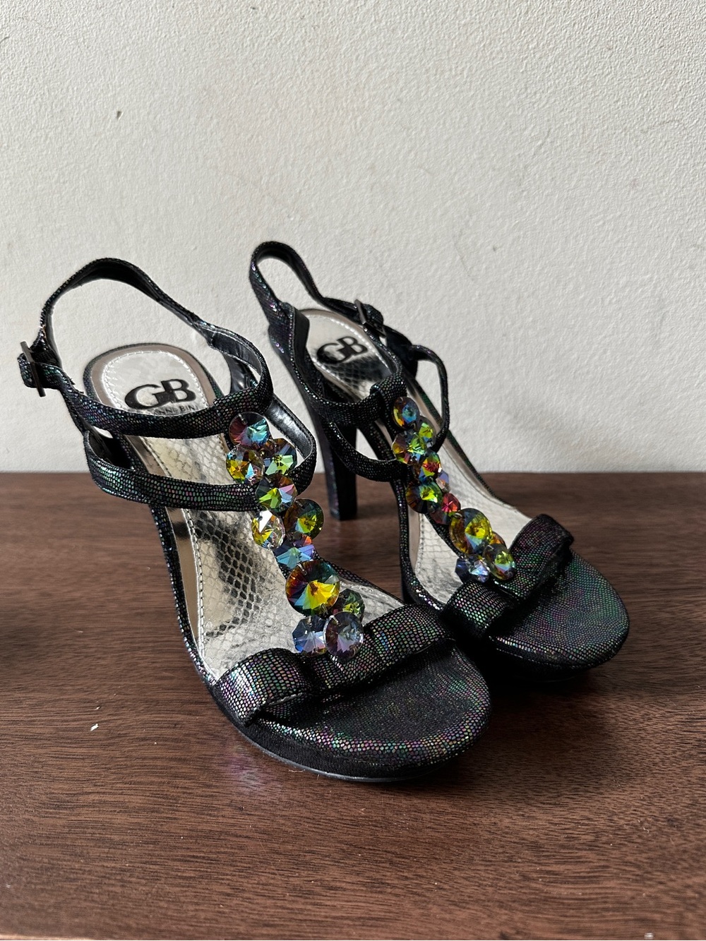 Gianni Bini Black Iridescent Jeweled T-Strap Heels